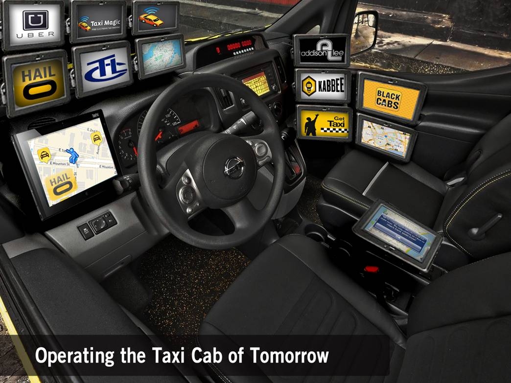 Taxi with many screens installed for different hailing apps