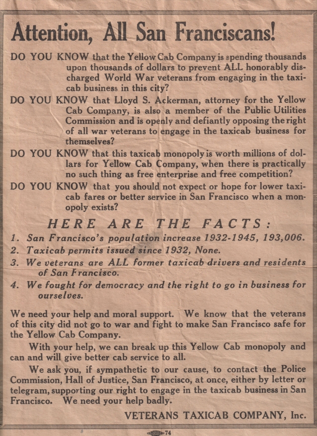 Veterans Cab handbill urging San Francisco to issue more taxi permits.